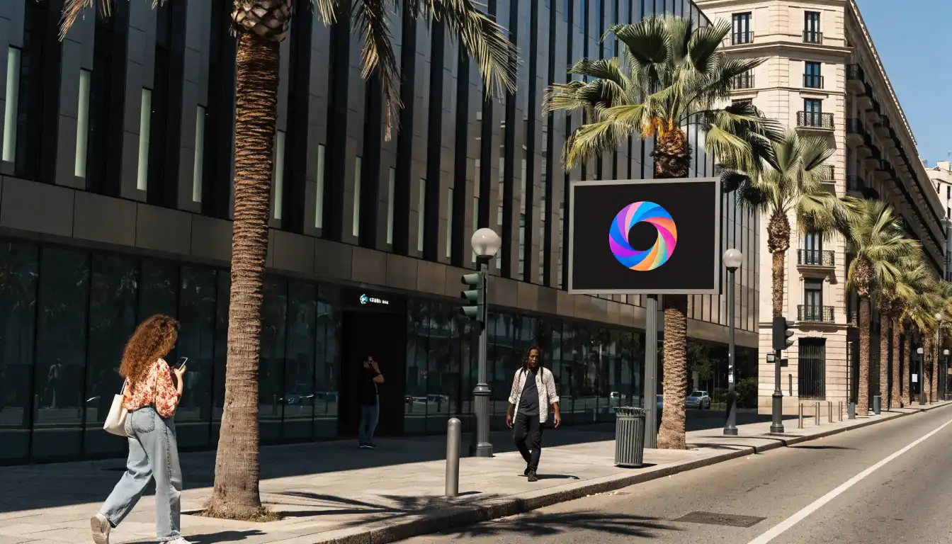 Escena de una calle española con un casino y el logo estilizado de Ripple XRP.