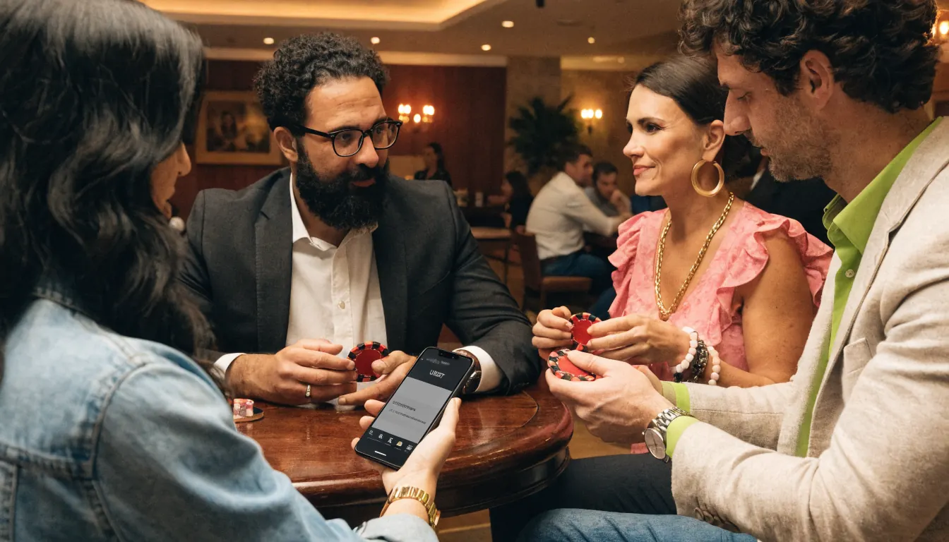Casino español con luces suaves y usuarios mostrando una app de monedero USDT
