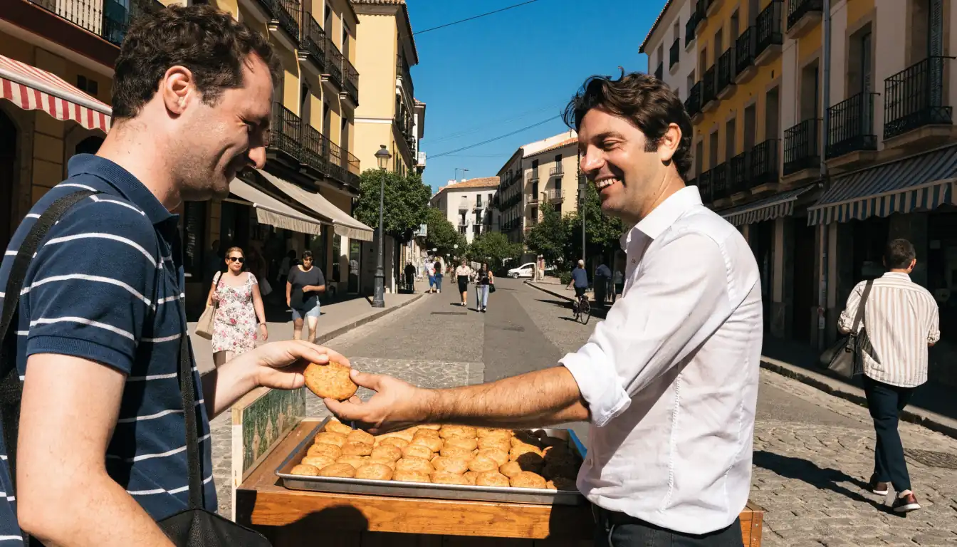 Panadería en un mercado español ofreciendo galletas bajo luz solar brillante