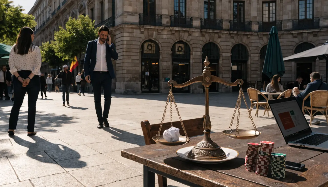 Plaza española con balanza y fichas de casino