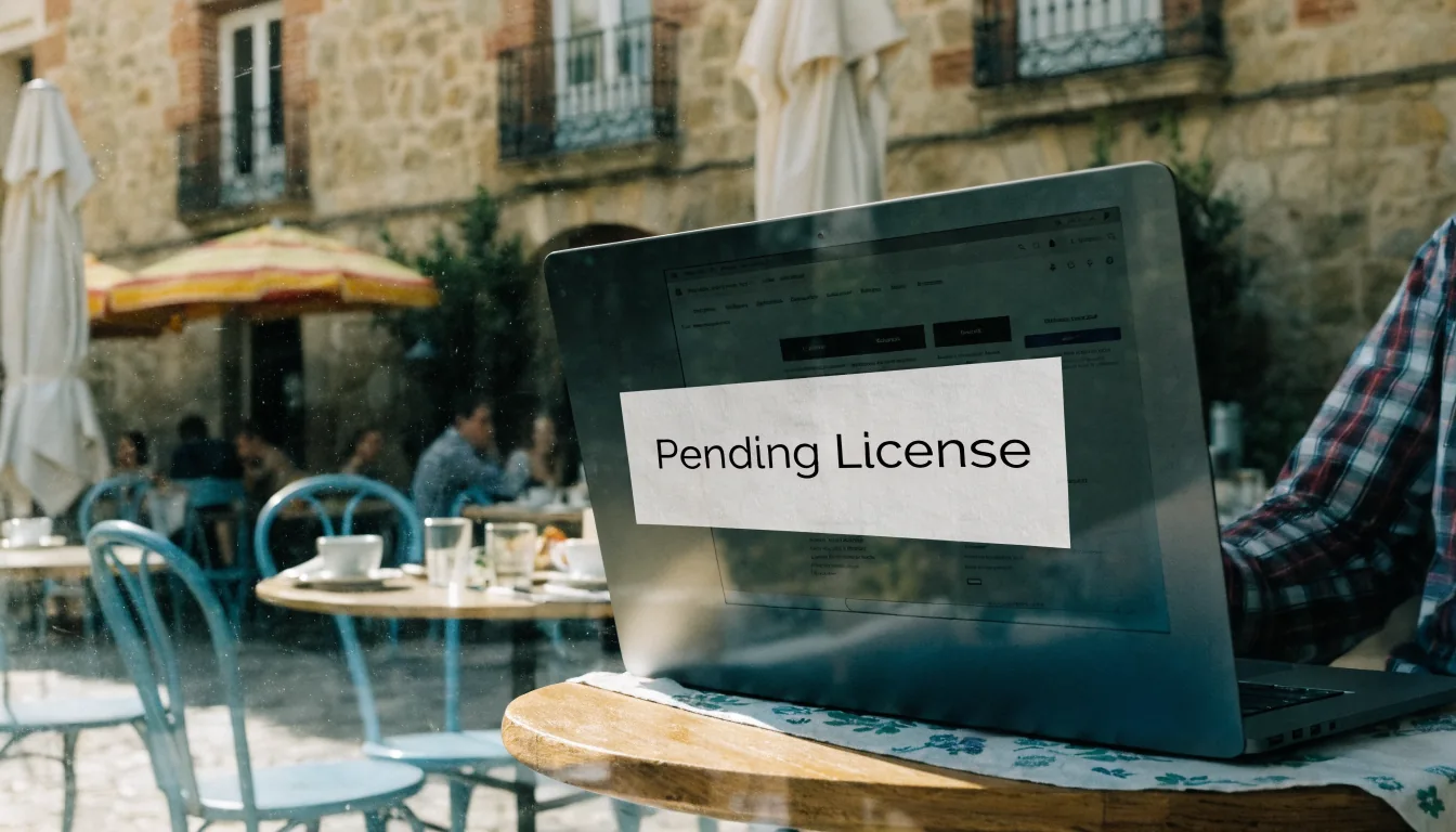 Ordenador portátil con sobre “Licencia pendiente”