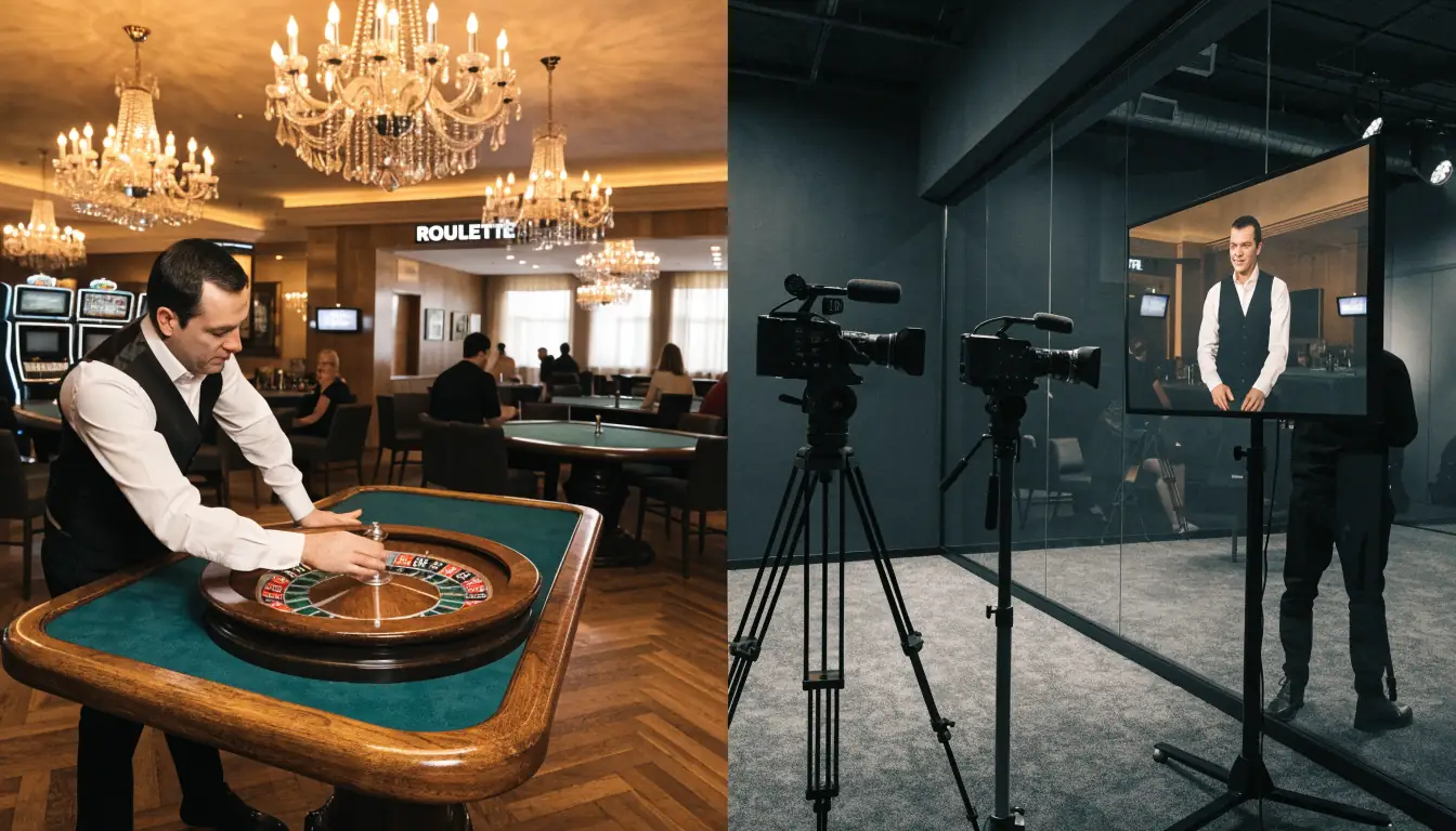 Escena dividida: casino tradicional y estudio digital