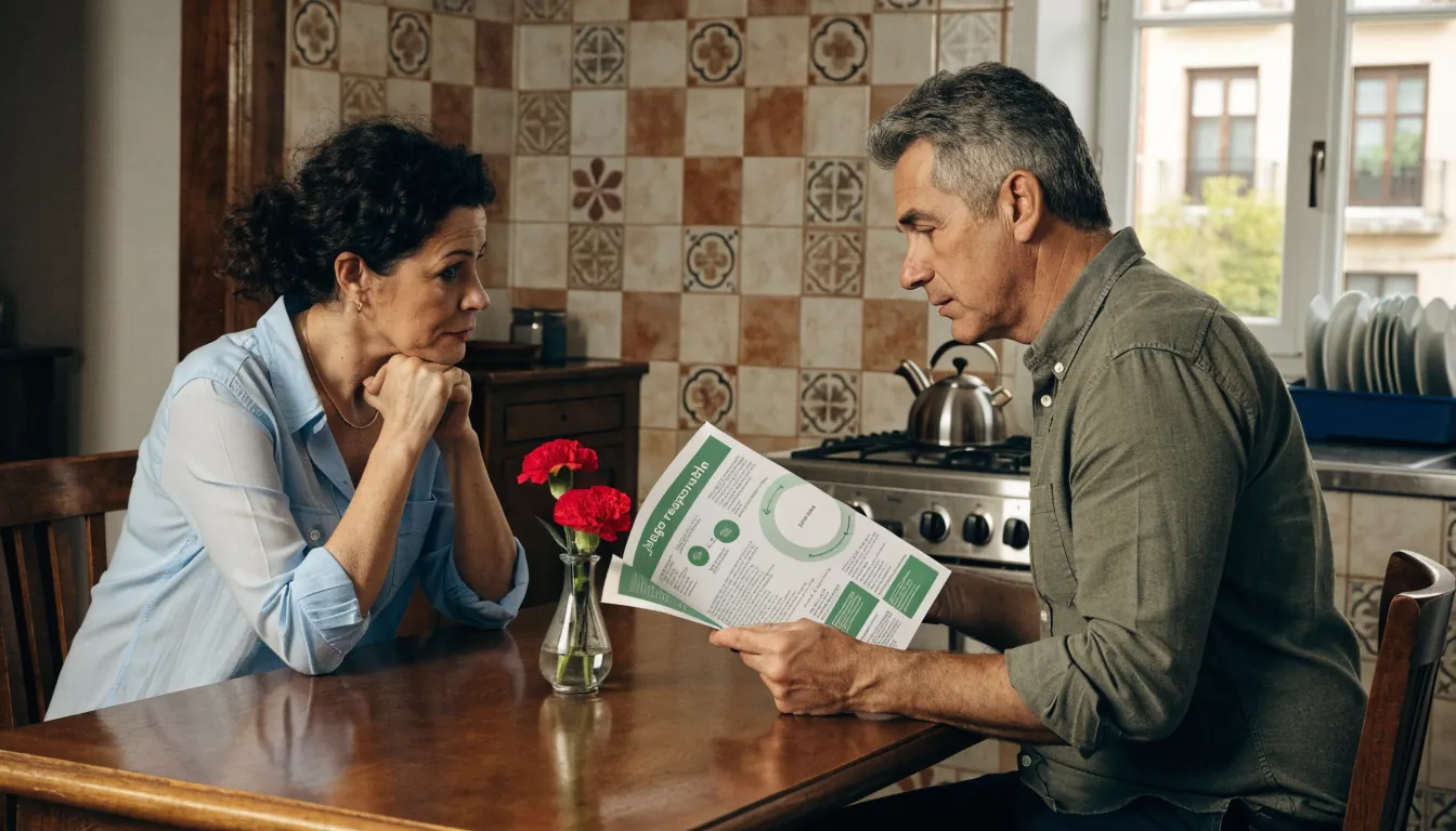 Pareja española leyendo folleto de juego responsable en la cocina.