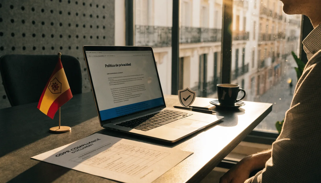 Escritorio español con laptop y documento de privacidad bajo luz natural