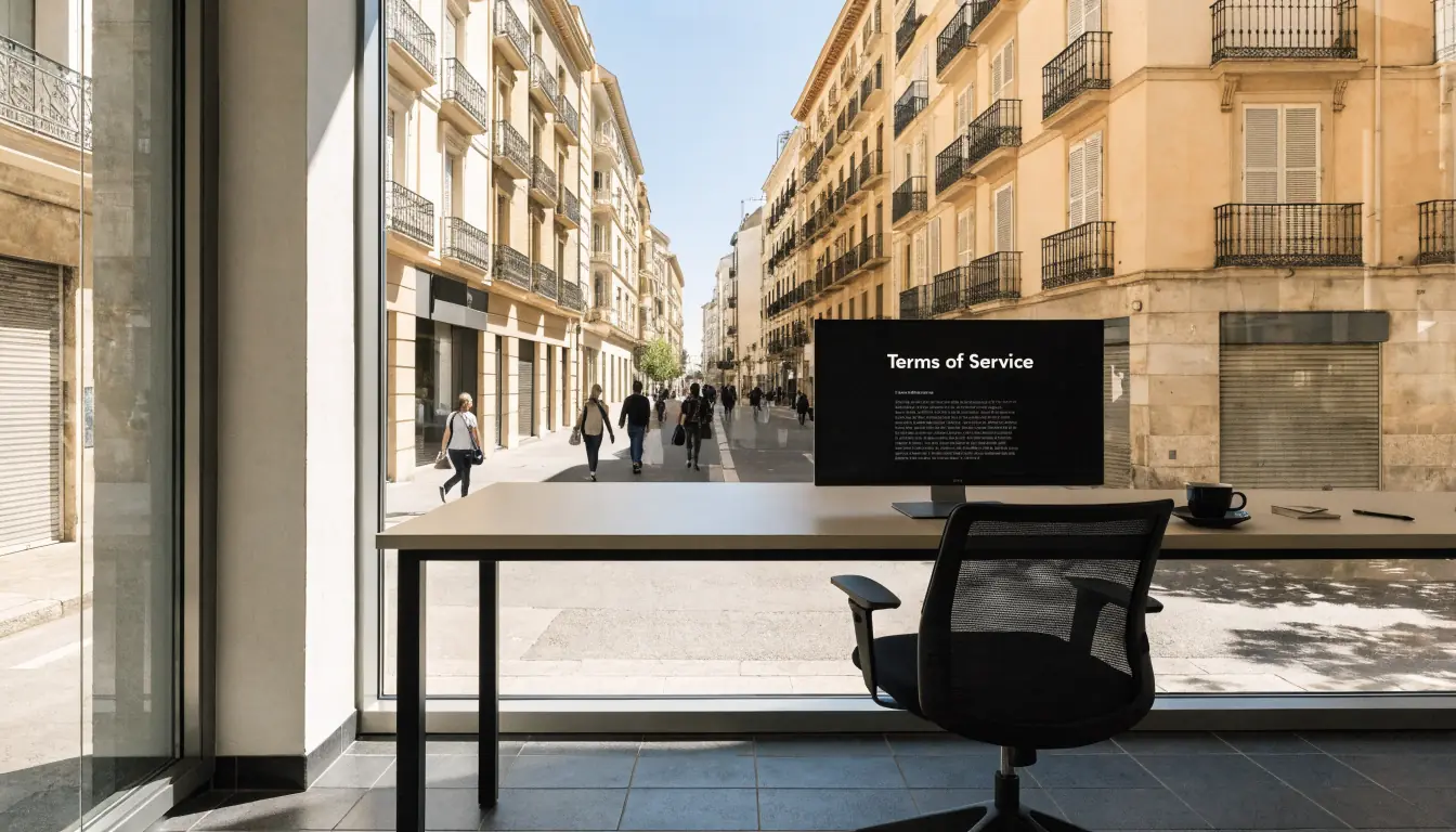 Loby de oficina español con ventana y pantalla de términos